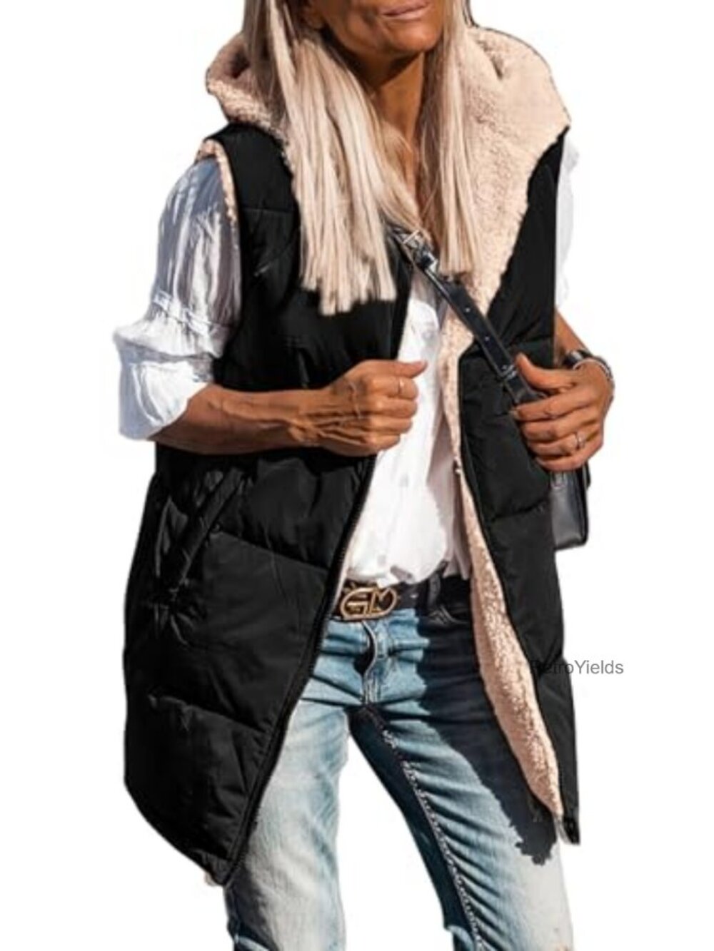 Reversible Fleece Long Vest Hooded Zip Up Sleeveless Winter Sherpa Women